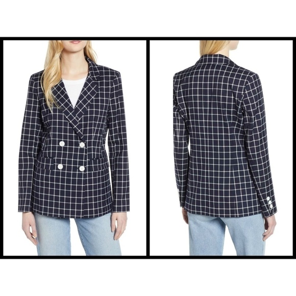 💕HALOGEN💕 Double Breasted Window Pane Plaid Check Blazer ~ Navy Blue S NWOT - Picture 2 of 14